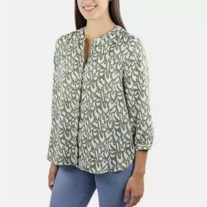 JACHS Girlfriend Olive Green White Abstract Button Down Top Blouse Shirt Medium
